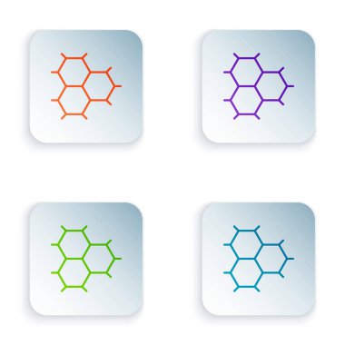 Beyaz arkaplanda izole edilmiş benzen halkaları simgesinden oluşan renk kimyasal formülü. Kare düğmelere simgeleri yerleştir. Vektör İllüstrasyonu