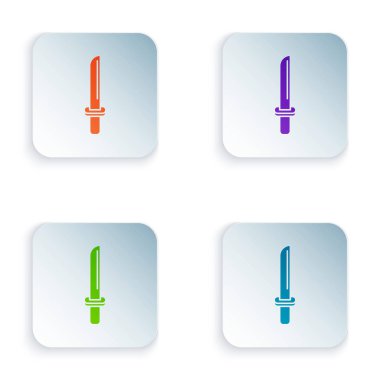 Geleneksel Japon renk katana simgesi beyaz arkaplanda izole edildi. Japon kılıcı. Kare düğmelere simgeleri yerleştir. Vektör İllüstrasyonu