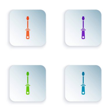 Renkli tornavida simgesi beyaz arkaplanda izole edildi. Servis aracı sembolü. Kare düğmelere simgeleri yerleştir. Vektör İllüstrasyonu