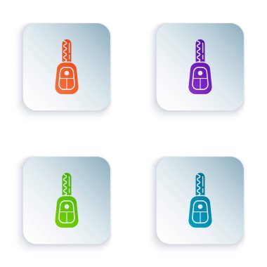 Uzaktan kumandalı renkli araba anahtarı beyaz arkaplanda izole edilmiş. Araba anahtarı ve alarm sistemi. Kare düğmelere simgeleri yerleştir. Vektör İllüstrasyonu