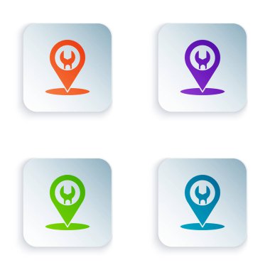 Beyaz arkaplanda izole edilmiş renkli araba servis simgesi. Otomobil tamircisi. Tamirci oto tamircisi. Bakım tabelası. Kare düğmelere simgeleri yerleştir. Vektör İllüstrasyonu