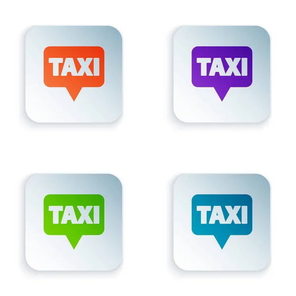 Puntatore Color Map con icona taxi isolata su sfondo bianco. Simbolo posizione. Impostare le icone in pulsanti quadrati. Illustrazione vettoriale — Vettoriale Stock