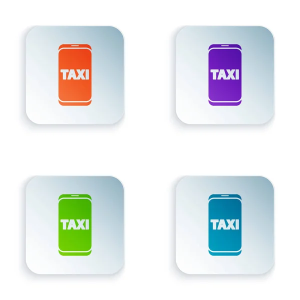 Χρώμα κλήση ταξί εικονίδιο τηλεφωνική υπηρεσία απομονωμένη σε λευκό φόντο. Ταξί για smartphone. Ορισμός εικονιδίων σε τετράγωνα κουμπιά. Εικονογράφηση διανύσματος — Διανυσματικό Αρχείο