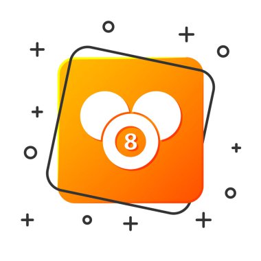 Beyaz bilardo bilardo bilardosu 8 top ikonu beyaz arka planda izole edildi. Sekiz numaralı bilardo topu. Turuncu kare düğme. Vektör İllüstrasyonu