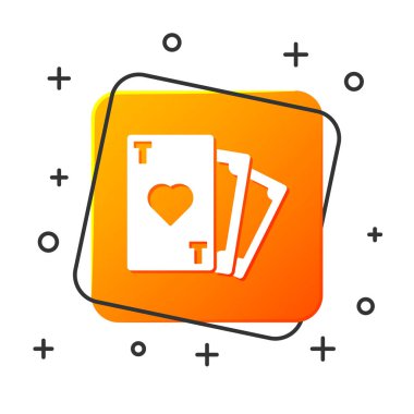 Beyaz arka planda kalp sembolü simgesi olan beyaz iskambil kartı. Kumarhane kumarı. Turuncu kare düğme. Vektör İllüstrasyonu