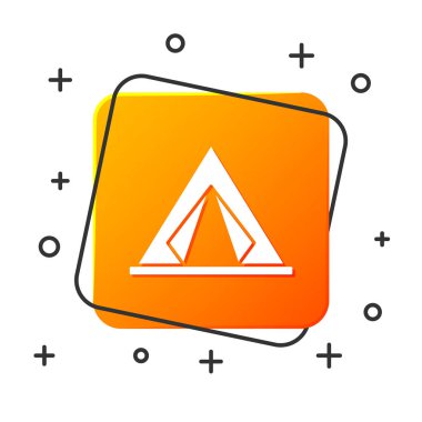 Beyaz turist çadır simgesi beyaz arka planda izole. Kamp sembolü. Turuncu kare düğmesi. Vektör Illustration