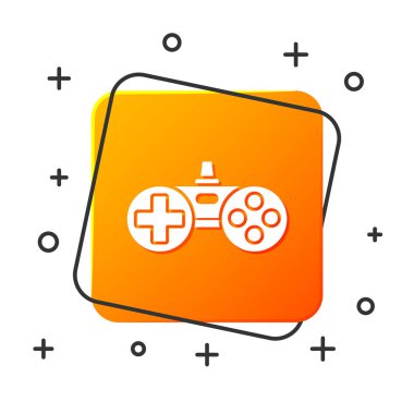 Beyaz Oyun Alanı simgesi beyaz arkaplanda izole edildi. Oyun kontrolörü. Turuncu kare düğme. Vektör İllüstrasyonu