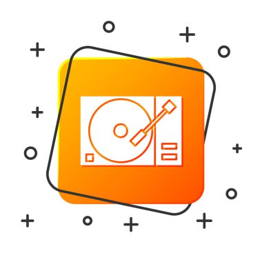 Beyaz arka planda izole edilmiş vinil disk simgesi olan beyaz Vinil oynatıcı. Turuncu kare düğme. Vektör İllüstrasyonu