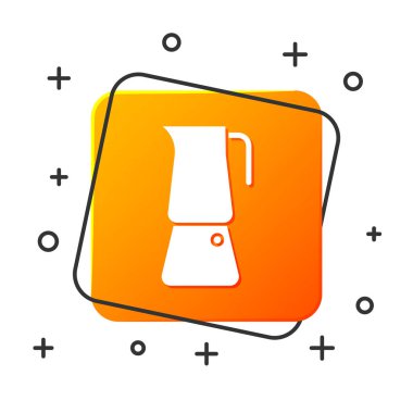 Beyaz arka planda beyaz Moka tencere simgesi izole edildi. Kahve makinesi. Turuncu kare düğme. Vektör İllüstrasyonu