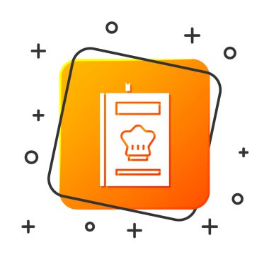 Beyaz yemek kitabı simgesi beyaz arkaplanda izole edildi. Yemek kitabı ikonu. Yemek tarifi kitabı. Çatal ve bıçak ikonları. Çatal bıçak sembolü. Turuncu kare düğme. Vektör İllüstrasyonu