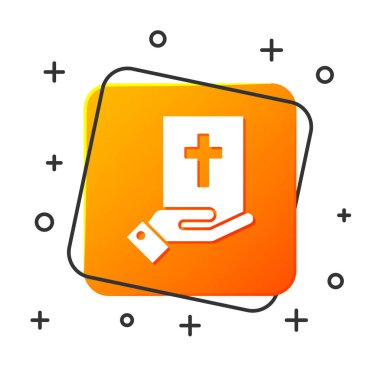 Beyaz arka planda izole edilmiş kutsal İncil ikonu üzerine beyaz yemin. Mahkemedeki prosedür. Gerçek ve gerçek. Tanrı huzurunda söz ver. Turuncu kare düğme. Vektör İllüstrasyonu