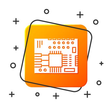 Beyaz baskılı Pcb simgesi beyaz arkaplanda izole edildi. Turuncu kare düğme. Vektör İllüstrasyonu