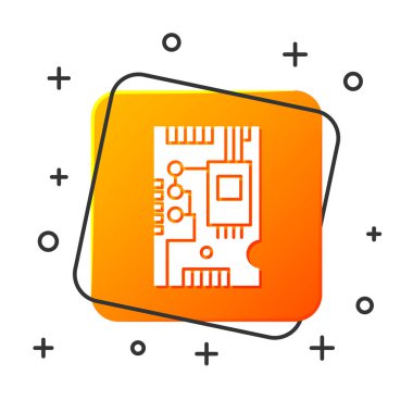 Beyaz Elektronik bilgisayar bileşenleri anakart dijital çip entegre bilim ikonu beyaz zemin üzerinde izole. Devre kartı. Turuncu kare düğme. Vektör İllüstrasyonu