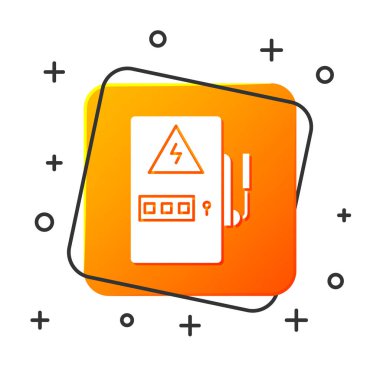 Beyaz Elektrik paneli simgesi beyaz arkaplanda izole edildi. Turuncu kare düğme. Vektör İllüstrasyonu