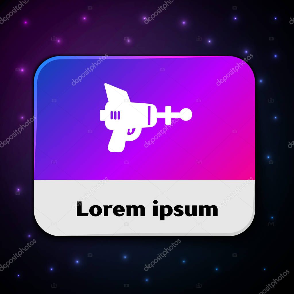 White Ray gun icon isolated on black background. Laser weapon. Space blaster. Rectangle color button. Vector Illustration