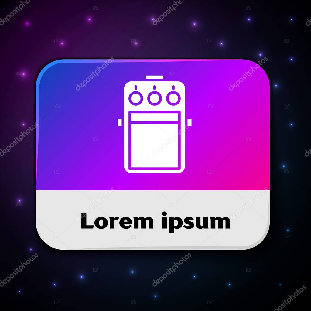 White Guitar pedal icon isolated on black background. Musical equipment. Rectangle color button. Vector Illustration