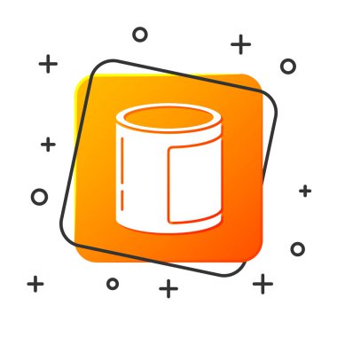 Beyaz arka planda izole edilmiş beyaz konserve ikonu. Hayvanlar için yiyecek. Evcil hayvan yiyeceği kutusu. Turuncu kare düğme. Vektör İllüstrasyonu