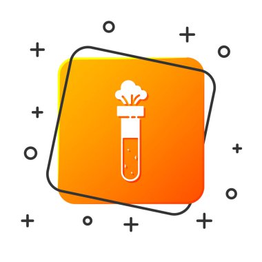 Beyaz test tüpü ve kimyasal test ikonu beyaz arka planda izole edildi. Laboratuvar cam levhası. Turuncu kare düğme. Vektör İllüstrasyonu