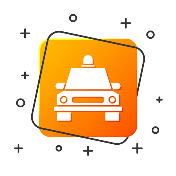 Witte Taxi Auto Pictogram Geïsoleerd Witte Achtergrond Oranje Vierkante Knop — Stockvector