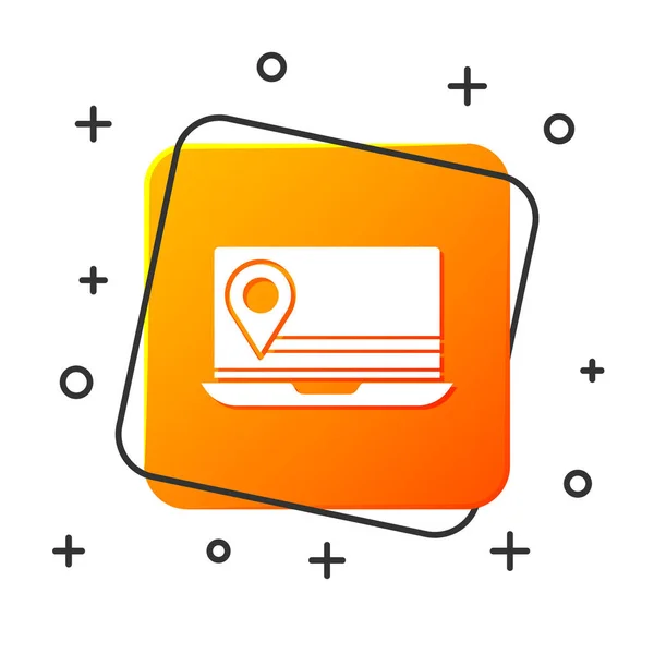 Witte Laptop Met Locatiemarkering Pictogram Geïsoleerd Witte Achtergrond Oranje Vierkante — Stockvector