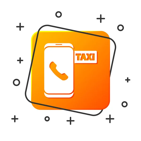 ホワイトタクシー白い背景に隔離された電話サービスのアイコンを呼び出します スマートフォン用タクシー オレンジの四角形のボタンベクターイラスト — ストックベクタ