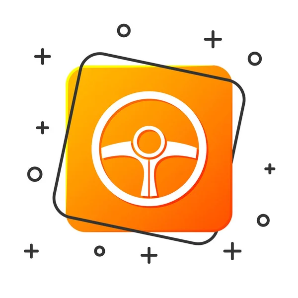 Witte Stuurwiel Pictogram Geïsoleerd Witte Achtergrond Autowiel Icoon Oranje Vierkante — Stockvector