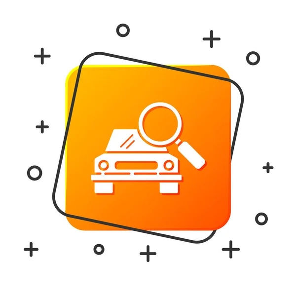 白色车搜索图标隔离在白色背景 用汽车放大镜 橙色正方形按钮 病媒图解 — 图库矢量图片