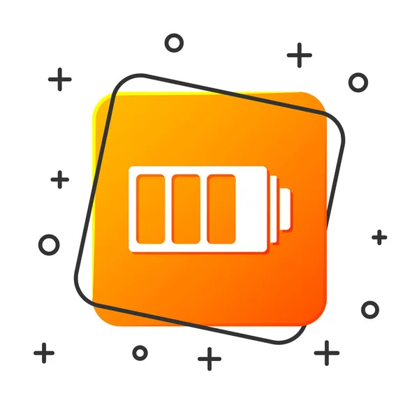 白いバッテリーの充電レベルインジケータアイコンは 白い背景に隔離されています オレンジ色の正方形のボタン ベクトルイラストレーション — ストックベクタ