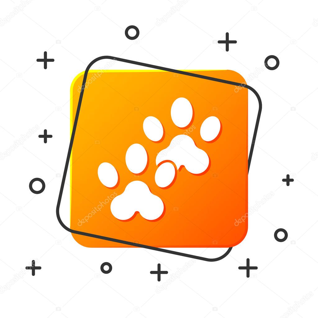 White Paw print icon isolated on white background. Dog or cat paw print. Animal track. Orange square button. Vector Illustration
