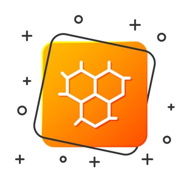 Beyaz arka planda izole edilmiş beyaz kimyasal formül ikonu. Yenilikçi tıp, sağlık, araştırma ve bilim için soyut altıgen. Turuncu kare düğme. Vektör İllüstrasyonu