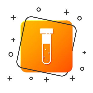Beyaz test tüpü ve kimyasal test ikonu beyaz arka planda izole edildi. Laboratuvar cam levhası. Turuncu kare düğme. Vektör İllüstrasyonu