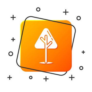 Beyaz arka planda izole edilmiş beyaz Noel ağacı simgesi. Mutlu Noeller ve mutlu yıllar. Turuncu kare düğme. Vektör İllüstrasyonu