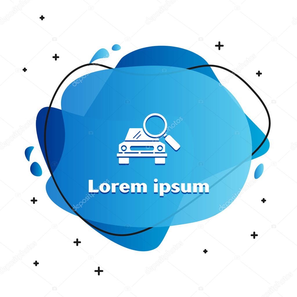 White Car search icon isolated on white background. Magnifying glass with car. Abstract banner with liquid shapes. Vector Illustration