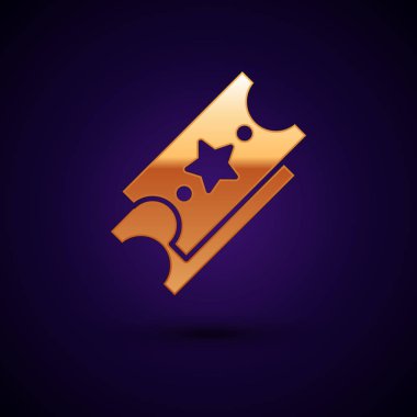 Altın piyango bileti ikonu koyu mavi arka planda izole edilmiş. Bingo, loto, nakit para ödülleri. Finansal başarı, refah, zafer, kazanma şansı. Vektör İllüstrasyonu