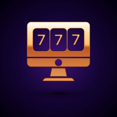 Koyu mavi arka plan üzerinde izole şanslı yedili jackpot simgesi ile Altın Online slot makinesi. Online casino. Vektör İllüstrasyonu