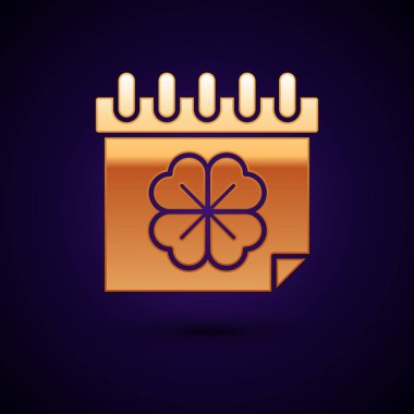 Koyu mavi arka planda izole edilmiş takvim ikonu olan Altın Aziz Patricks Günü. Dört yapraklı yonca sembolü. Tarih 17 Mart. Vektör İllüstrasyonu