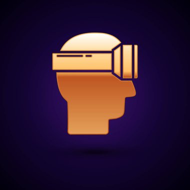 Koyu mavi arka planda izole edilmiş altın sanal gerçeklik gözlüğü ikonu. Stereoskopik 3D VR maskesi. Vektör İllüstrasyonu