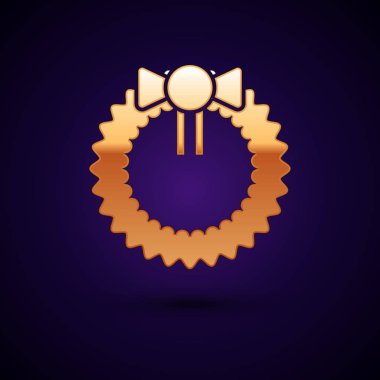 Koyu mavi arka planda izole edilmiş altın Noel çelengi ikonu. Mutlu Noeller ve mutlu yıllar. Vektör İllüstrasyonu