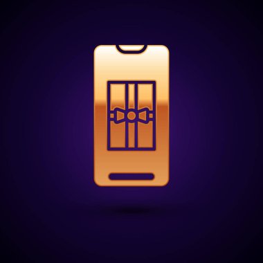 Koyu mavi arkaplanda izole edilmiş ekran simgesinde hediye kutusu olan Altın Akıllı Telefon. Mutlu Noeller ve mutlu yıllar. Vektör İllüstrasyonu