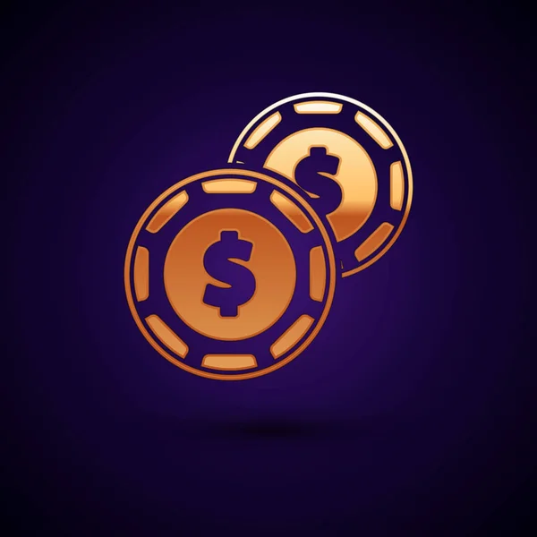 Gold Casino chip con símbolo de dólar icono aislado sobre fondo azul oscuro. Juego de casino. Ilustración vectorial — Vector de stock