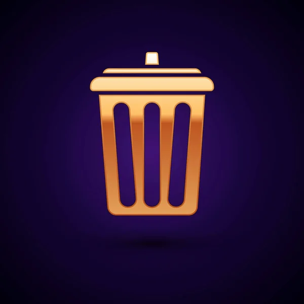 Goldfarbenes Mülleimersymbol auf dunkelblauem Hintergrund. Mülleimer-Schild. Papierkorb-Symbol. Büromüll-Ikone. Vektorillustration — Stockvektor
