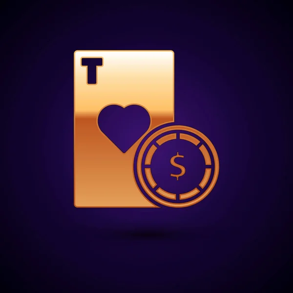 Gold Casino chip y cartas de juego icono aislado sobre fondo azul oscuro. Poker Casino. Ilustración vectorial — Vector de stock