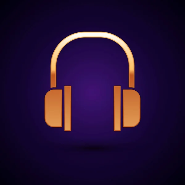 Guld hörlurar ikon isolerad på Mörkblå bakgrund. Hörlurarna underteckna. Koncept för att lyssna på musik, service, kommunikation och operatör. Vektor illustration — Stock vektor