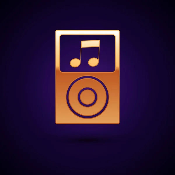 Goldenes Musikspieler-Symbol isoliert auf dunkelblauem Hintergrund. tragbares Musikgerät. Vektorillustration — Stockvektor