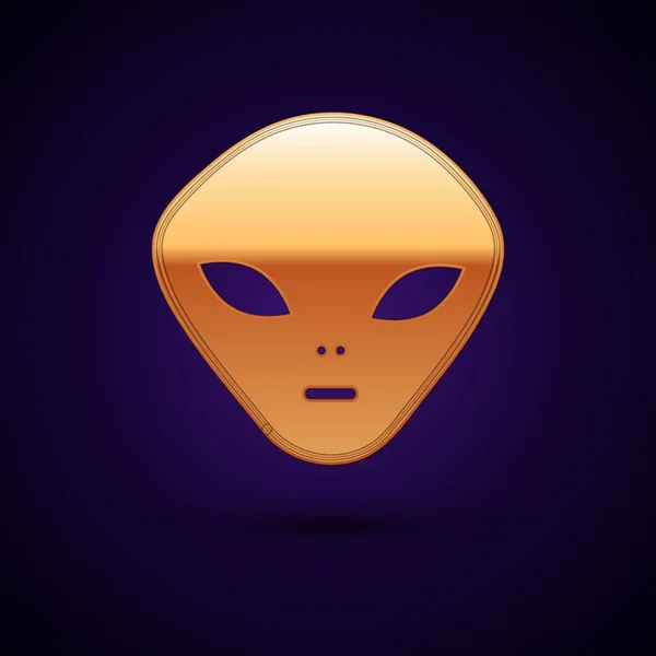Oro icona aliena isolata su sfondo blu scuro. Faccia aliena extraterrestre o simbolo della testa. Illustrazione vettoriale — Vettoriale Stock