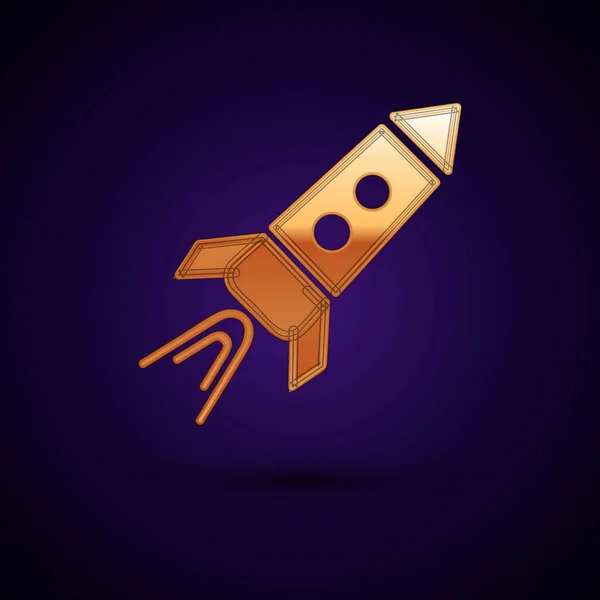 Gold Rocket ship with fire icon isolated on dark blue background. Space travel. Vector Illustration — Stock Vector