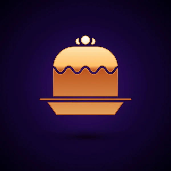 Altın Kek simgesi koyu mavi arka plan üzerinde izole. Doğum günün kutlu olsun. Vektör İllüstrasyonu — Stok Vektör
