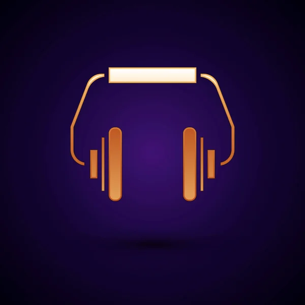 Χρυσό εικονίδιο ακουστικών απομονωμένο σε σκούρο μπλε φόντο. Ακουστικά. Έννοια για ακρόαση μουσικής, υπηρεσιών, επικοινωνίας και χειριστή. Εικονογράφηση διανύσματος — Διανυσματικό Αρχείο