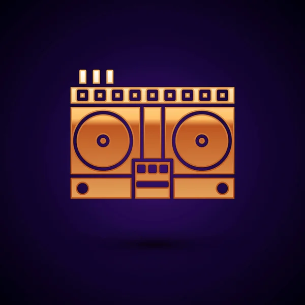 Télécommande DJ Gold pour jouer et mixer des icônes musicales isolées sur fond bleu foncé. Mélangeur DJ complet avec lecteur vinyle et télécommande. Illustration vectorielle — Image vectorielle
