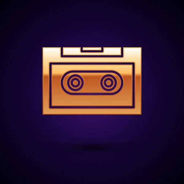 Altın Retro ses kaseti simgesi koyu mavi arka plan üzerinde izole. Vektör İllüstrasyonu — Stok Vektör